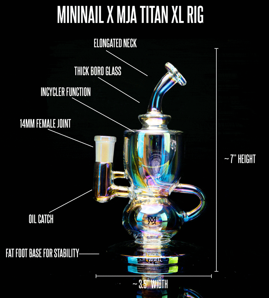 enail Dab Rig MiniNail MJ Arsenal Titan mini rig XL Iridescent Rainbow Glass Infographic 7 inch tall 3.5 inch wide
