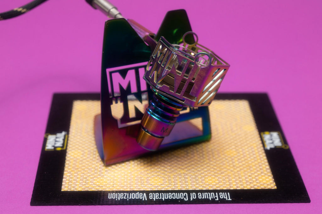 MiniNail Heater Coil Guard on Rainbow Hybrid Nail sitting on Rainbow Coil Stand Best Dab Station