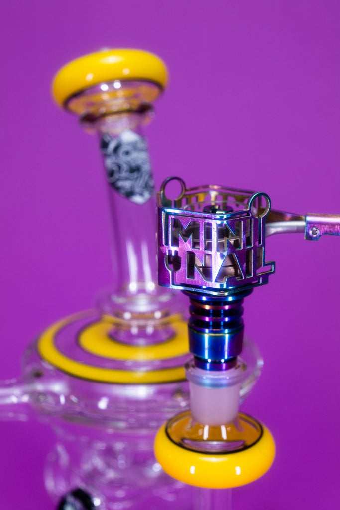 MiniNail Heater Coil Guard in Rainbow on Yellow Glass Rig 