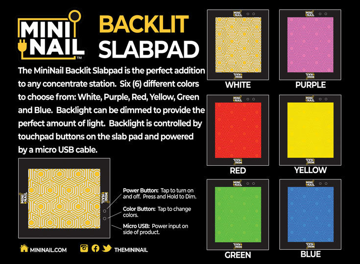 MiniNails Multi-Color Backlit Slab Pad Shown in 6 colors Infographic