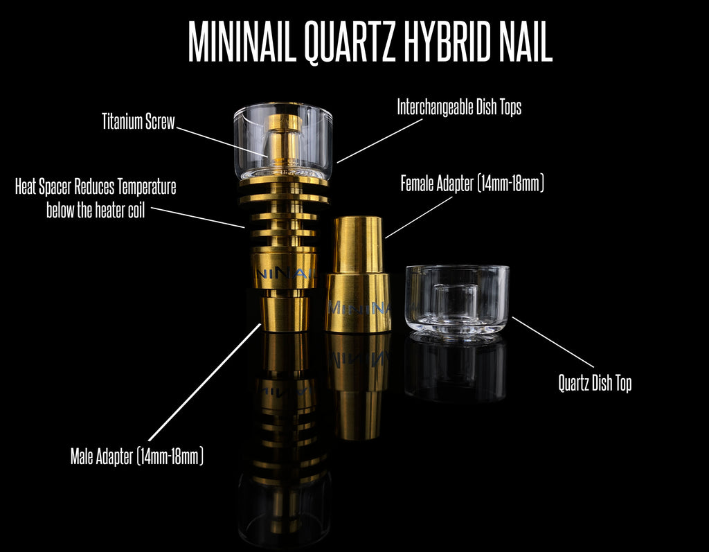 MiniNail Quartz Titanium Hybrid Universal nail for eNails Interchangeable Dish Tops, Titanium Screw, Heat Spacer Reduces Temperature, Male Adapter 14mm-18mm, Female Adapter 14mm-18mm Quartz Dish Top Bowl