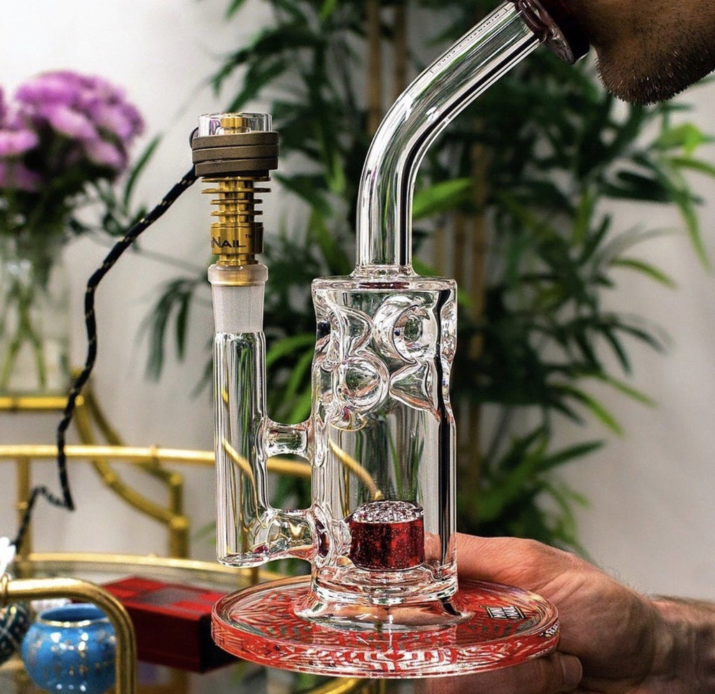 Swiss Honeycomb glass Dab Rig Red MiniNail and PURR with gold nail and hybrid coil